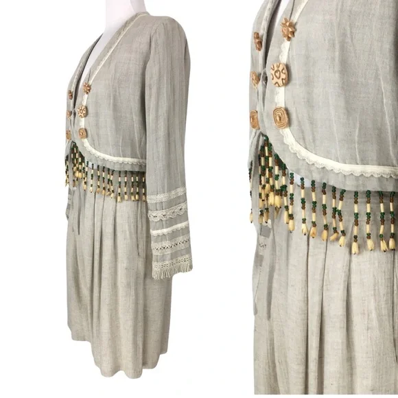 Vintage Sue Wong Linen 2 Piece Suit Jacket Gauchos Linen Wooden Beads size Small - Picture 2 of 16